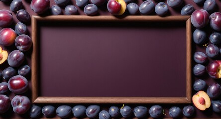 Fresh purple plum fruits on dark. Frame form with copy space, top view