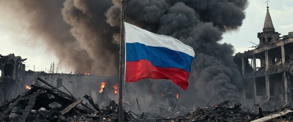 Russian flag flying proudly in the wind, smoke and destruction - aftermath of war