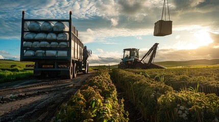 Fototapeta premium A shot of a forklift tractor lifting heavy-duty bulk bags of nitrogen sulphur fertiliser on a sustainable farm in Northumberland in northeast England.