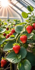 strawberry plants in greenhouse with sunlight filtering through leaves