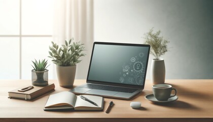 Fototapeta premium Modern home workplace with laptop computer, coffee cup, plants and office supplies