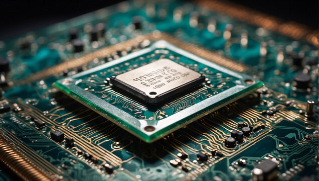 The rectangular microchip is bright green with intricate gold veining. As a vital electronics component, this green chip brings efficiency, reliability and innovation by powering various components
