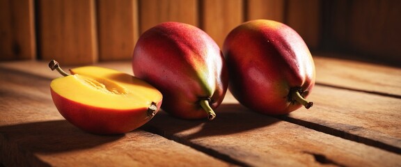 Fresh ripe mango fruits on wooden table.