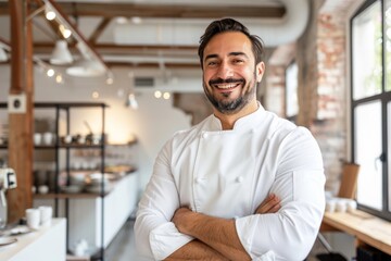 Obraz premium Cheerful male chef in a vibrant kitchen setting, exuding warmth with a delightful smile