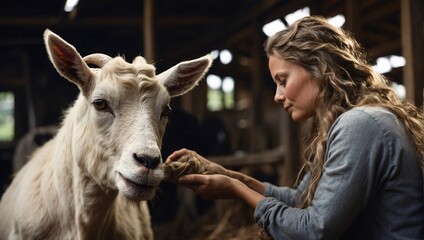 With long flowing hair, woman farmer tends to her goat on farm. Her nurturing hands, gentle demeanor epitomize bond between humans, animals in agriculture, showcasing dedication and care in every task