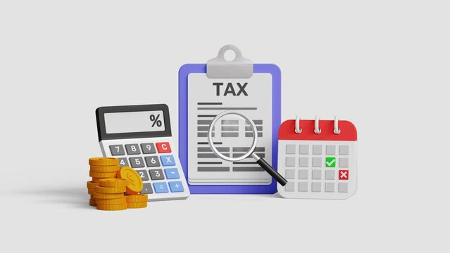 Tax payment and business tax concept. Tax form, Calculator, coins, and calculator with magnifying glass. 4k 3d animation