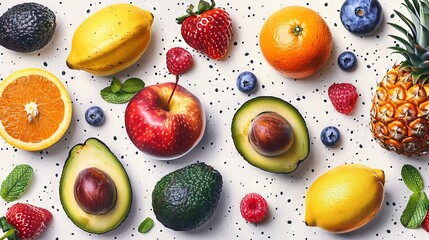 A set of colorful fruit moderns on white background. Banana, lemon, cherry, pineapple, peach, avocado, apple, orange illustrations.