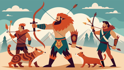 Adorned with intricate tattoos and animal furs the archers embody ancient hunting traditions as they compete in the rugged terrain.. Vector illustration