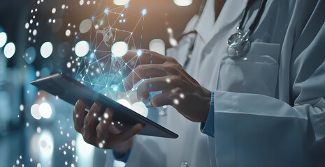 A doctor is using a tablet to look at a diagram of a human body