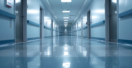Fototapeta premium A long hallway with a blue wall and white floor