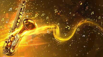 vector illustration of a golden saxaphone with musical notes and stars.

