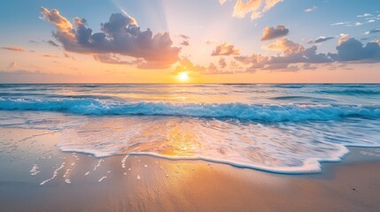 A beautiful sunrise over a sandy beach with waves gently crashing and clouds scattered across the sky - Powered by Adobe