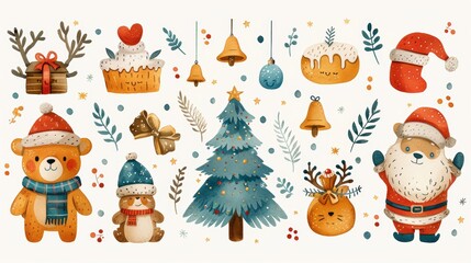 This graphic set consists of cute characters such as santa, christmas tree, bell, reindeer, bear, cake, gingerbread.