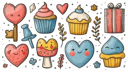 This groovy doodle element modern set features playful hearts, flowers, mushrooms, cupcakes, keys, envelopes, presents. Use for valentine cards, decorations, stickers, and prints.