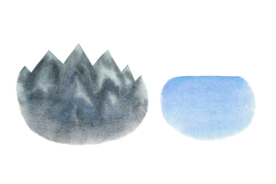Mountains sea water elements set. Hand drawn watercolor illustration isolated on white background. Illustration of seaside objects. Design clipart elements for design, fabric or print