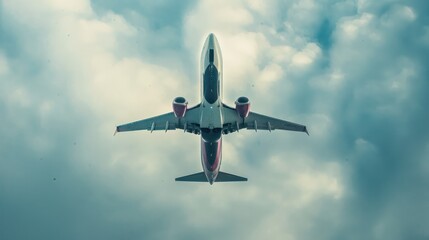 An airplane is captured mid-flight from below, against a backdrop of dramatic clouds in the sky