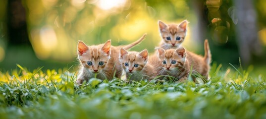 Three adorable red kittens having fun and playing on a vibrant green grass background