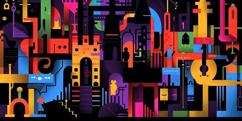 multi colored abstract graphics the style of large bold, graphic shapes, collage-based, quadratura, colorful pop motifs