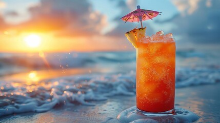 refreshing summer cocktail on the exotic beach on sunset. Generative ai