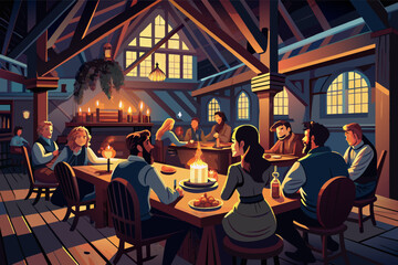 Illustration of a lively medieval tavern scene with people dining and conversing around wooden tables, illuminated by hanging lamps and candles.