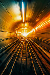 Motion blur of moving train in tunnel at night, abstract background.