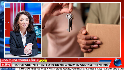 News anchor gives real estate news, addressing multiple cases where young people choose to buy...