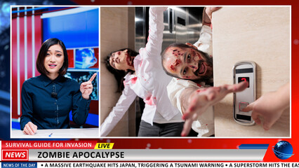 Newscast about zombie attack in town. Media journalist addressing scary dangerous virus spreading...