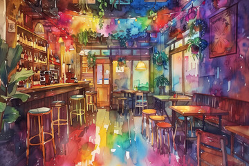 Watercolor painting of a cozy cafe interior with colorful lighting and vibrant decorations