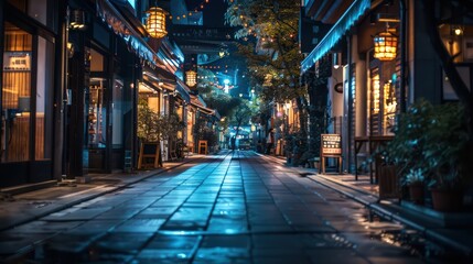 A serene nighttime shot of an empty traditional street in Japan, illuminated by soft lantern lights