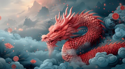 A modern illustration of a Chinese new year background with an oriental pattern, dragon, coin, twinkling stars. It is well suited for covers, banners, websites, and decor.