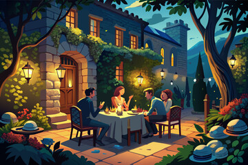 A picturesque evening scene at an outdoor restaurant with two couples dining by candlelight, surrounded by stone buildings, garden plants, and string lights, under a starry sky with a crescent moon.
