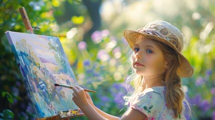 A young artist is painting a picture in a meadow, surrounded by a beautiful natural landscape. The grassland provides the perfect backdrop for her artistic expression AIG50