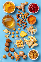 Honey, turmeric, ashwagandha, ginger healthy living, on a blue background, 