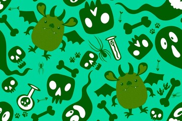 Halloween cartoon monsters seamless ghost and bones and poison pattern for wrapping paper and fabrics