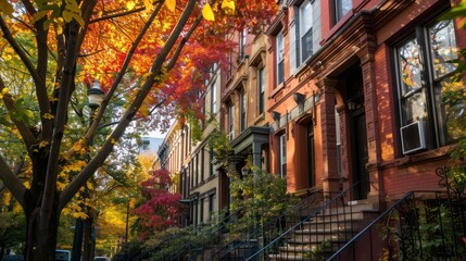 Fototapeta premium Quaint townhouses with colorful autumn foliage in an urban neighborhood during fall season