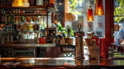 Obraz premium A cozy café setting with warm afternoon sunlight casting a glow over the tables and bar area