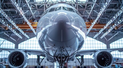 Frontal close-up view of a commercial airplane parked in a hangar with bright lights illuminating the aircraft