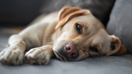 A peaceful Labrador dog taking a nap on a comfortable grey couch in a warm, homely setting