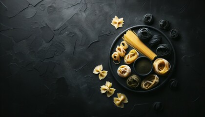 Pasta collection with space black stone background.