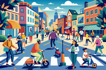 Colorful illustration of a busy city street scene with diverse people walking, talking, and using mobile devices. Some individuals are riding scooters and bikes
