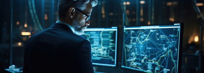 Mysterious analyst deciphering complex data in a high-tech surveillance room. A focused man in glasses analyzes digital maps and data on multiple monitors in a dark, futuristic command center
