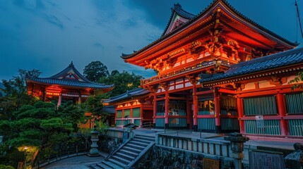Obraz premium The image captures Kiyomizu-dera temple in Kyoto, Japan, beautifully lit during twilight, showcasing traditional architecture and serene ambiance