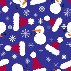 Cartoon Christmas seamless snowman and Santa hat pattern for wrapping paper