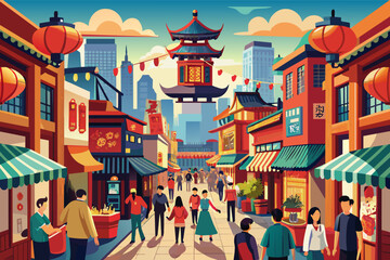 Illustration of a vibrant street scene in a Chinatown, featuring traditional Chinese architecture, people walking, cars, and a large red lantern hanging across the street under a clear sky.