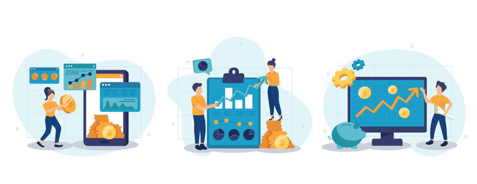 Business growth isolated set in flat design. People analyze data, success strategy, increase income collection of scenes. Vector illustration for blogging, website, mobile app, promotional materials.
