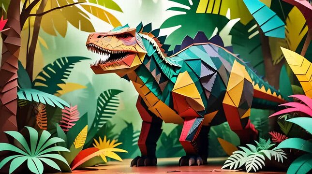 Dinosaur Rex walking in a green jungle forest, 3d paper craft style background