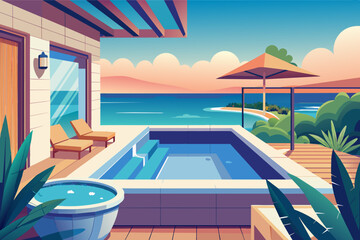 Illustration of a luxurious seaside deck featuring a round jacuzzi and a single recliner, surrounded by lush greenery and a clear view of the ocean under a bright sky. - Powered by Adobe