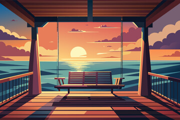 Illustration of a serene sunset viewed from a porch overlooking the sea, featuring a wooden bench, with sun casting a warm glow and reflecting on water under a slightly cloudy sky.