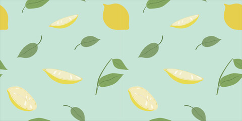 Print with lemons and leaves in the light mint background. Vintage and romantic botanic trendy wallpaper pattern. Vector illustration	