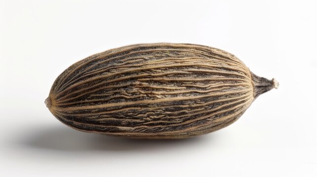 Close-up of a single cumin seed, focusing on its textured surface and earthy tones, isolated on a stark white backdrop for clarity